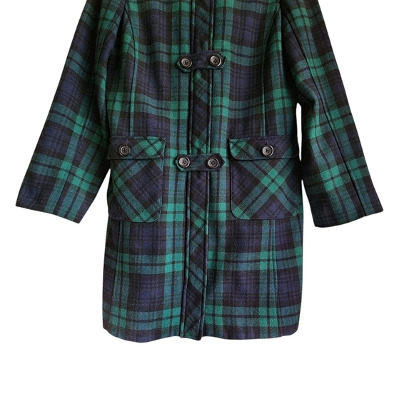 Vintage Lands End Wool Blend Duffle Coat Women L/XL Navy Green Tartan Plaid Hood - Picture 4 of 13